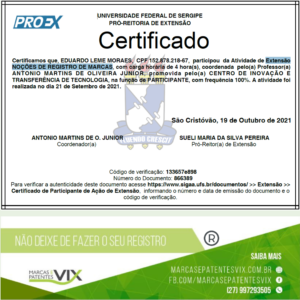 Certificado Atividade de Extensão NOÇÕES DE REGISTRO DE MARCAS